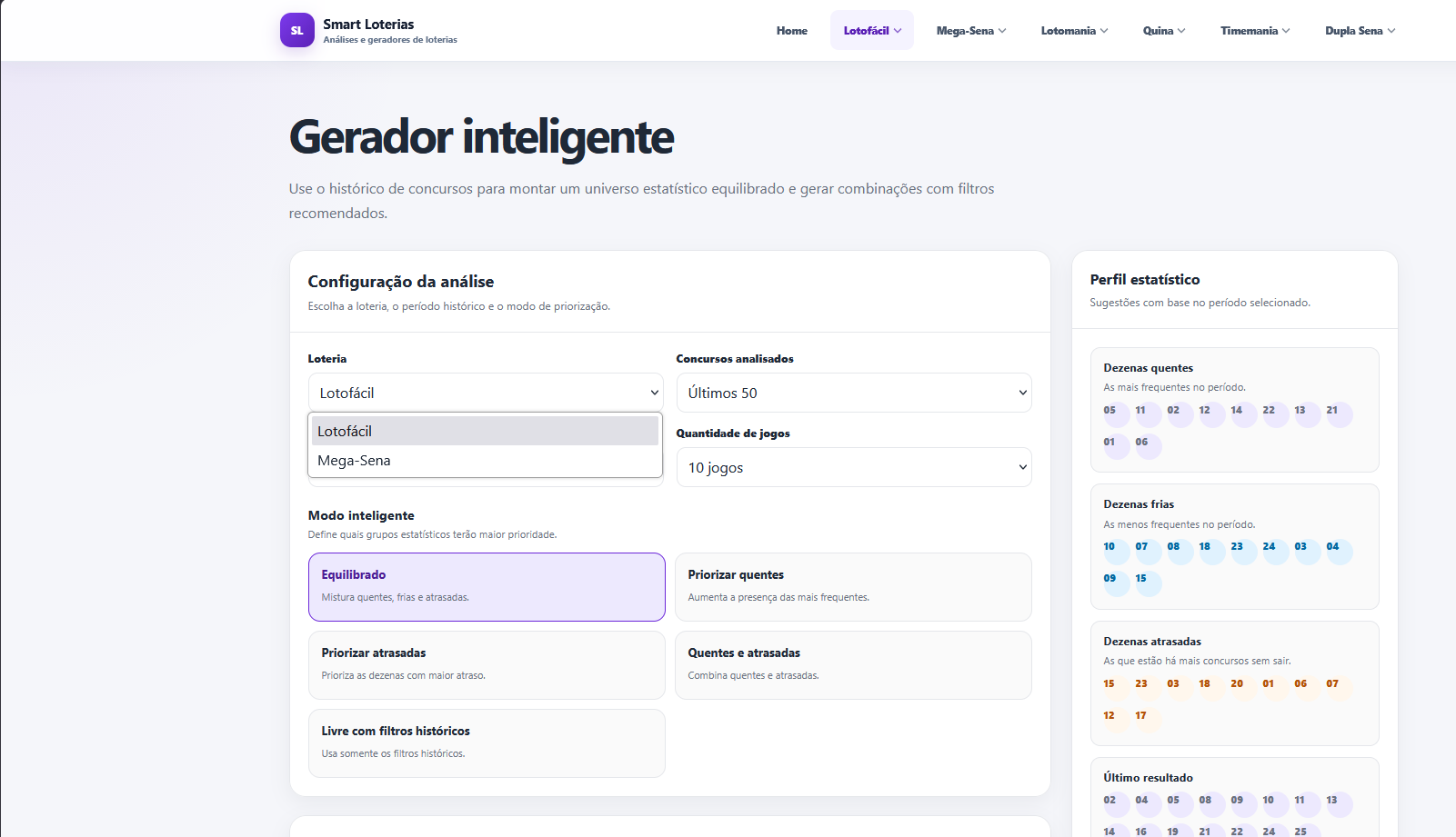 Tela do Gerador Inteligente do Smart Loterias